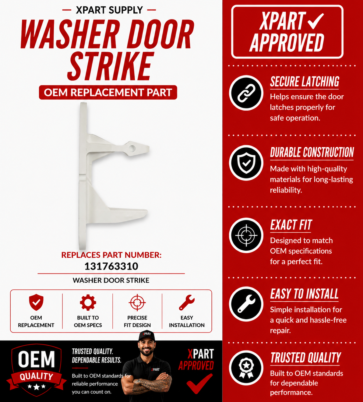 Frigidaire Washer Door Strike 131763310 — Fixes Door That Won't Lock, Latch, or Stay Closed