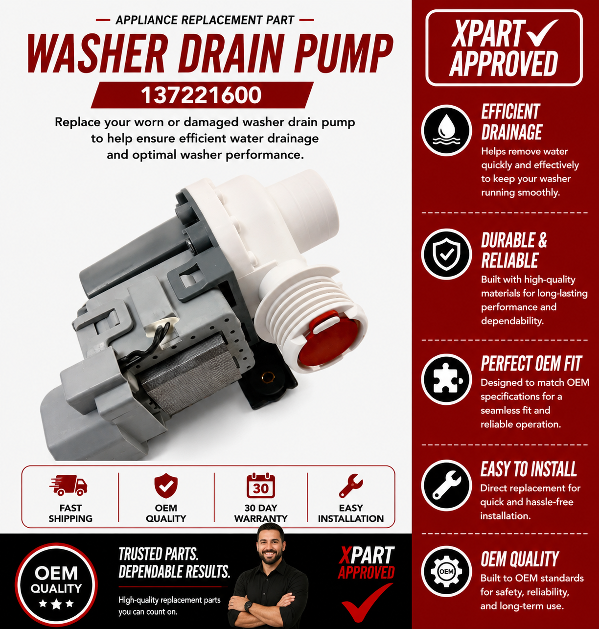 Frigidaire Washer Drain Pump 137221600 – OEM & Premium XPart Options Available