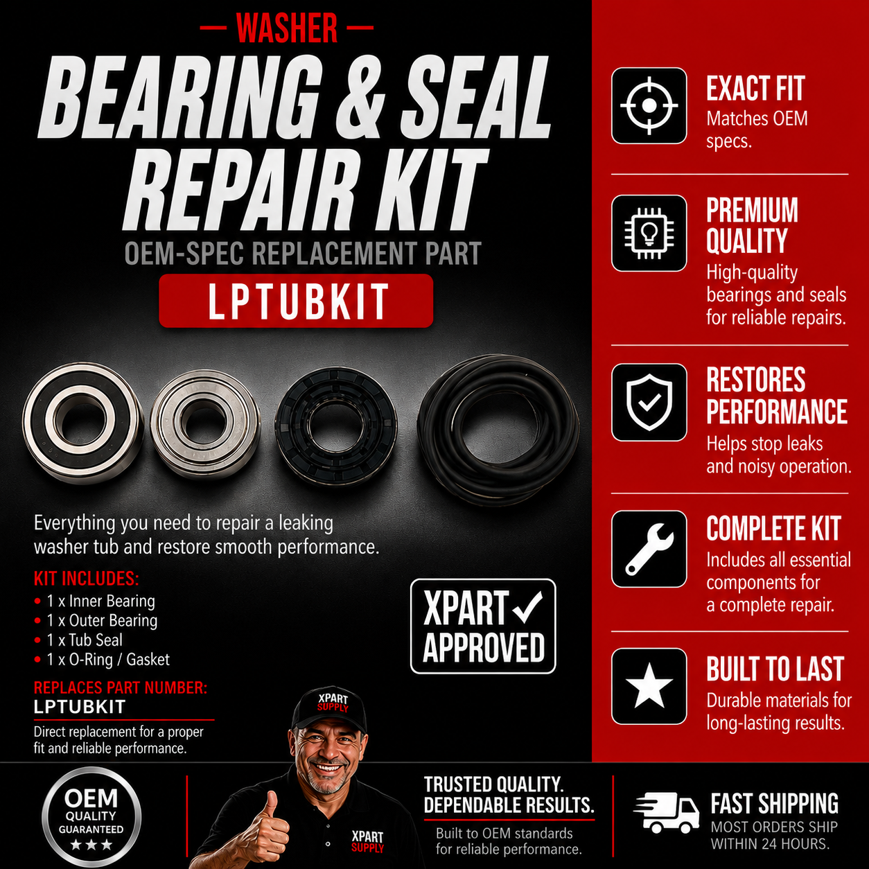 Front Load Washer Tub Bearing & Seal Kit LPTUBKIT, Replaces 4036ER2004A, 4036ER4001B, 4280FR4048E, MAP61913708