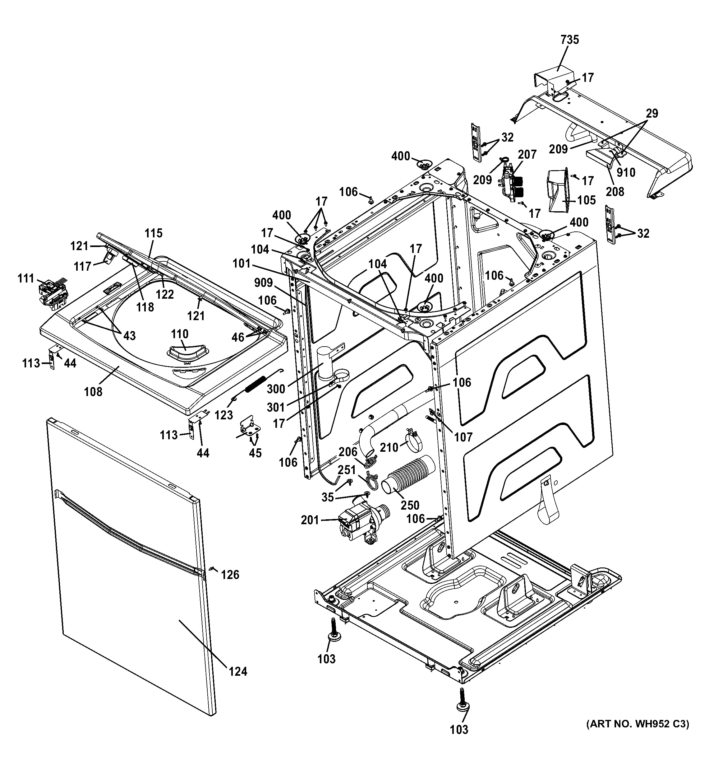 Technical diagram of a washing machine with labeled parts on a white background