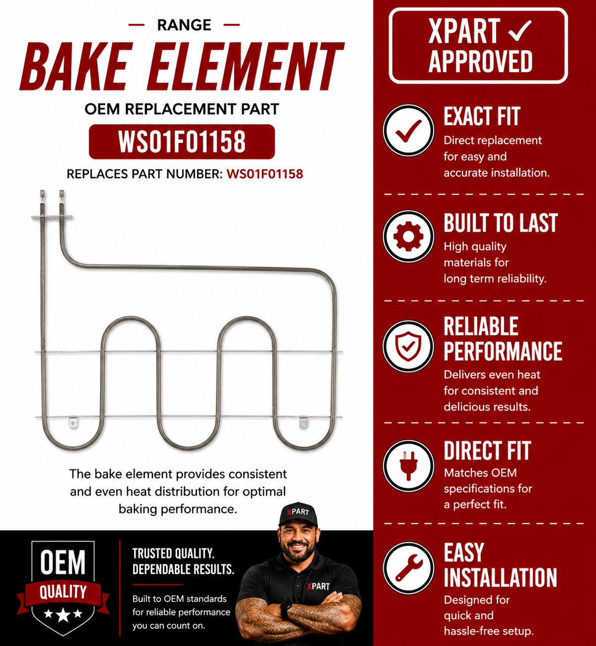 GE Bake Element WS01F01158 — Fixes Oven Not Heating or Baking Unevenly