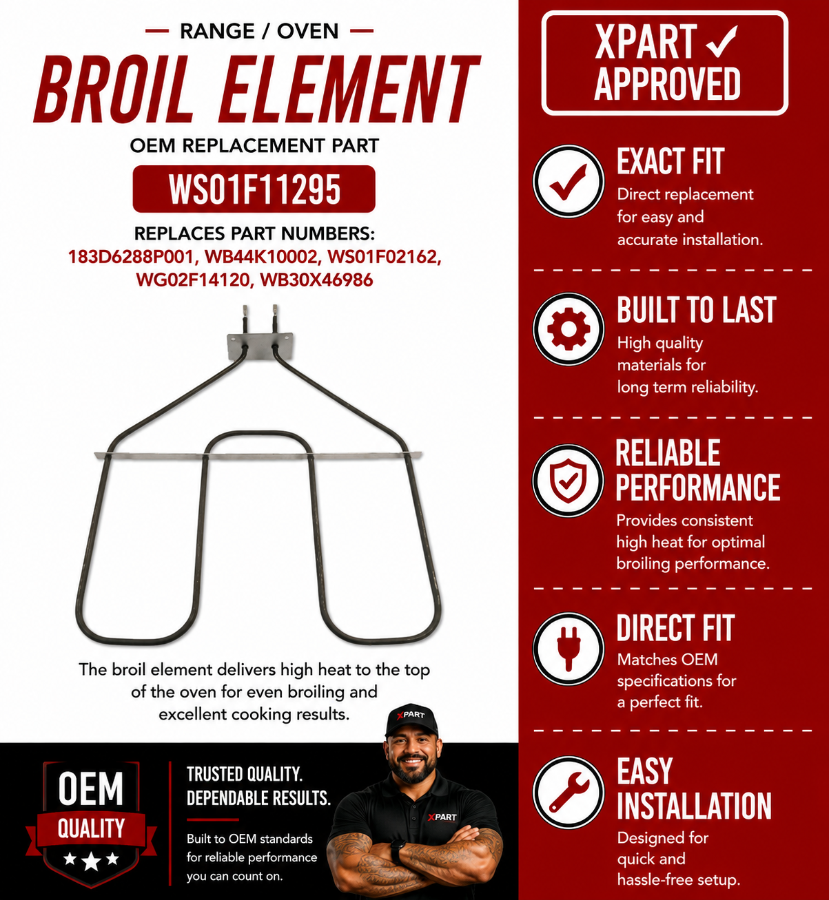 GE Broil Element WS01F11295 — Fixes Oven Not Broiling or Upper Element Not Heating