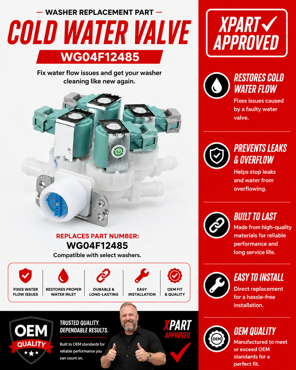 GE Cold Water Valve WG04F12485 — Fixes Washer Not Filling with Cold Water