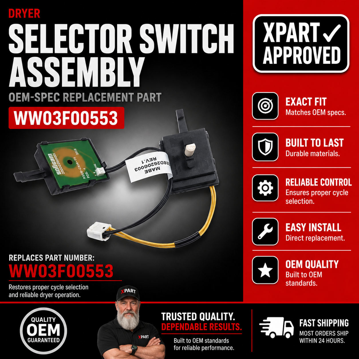 GE Cycle Selector Switch Assembly WW03F00553 — Fix Dryer Won't Change Cycles or Switch Won't Click