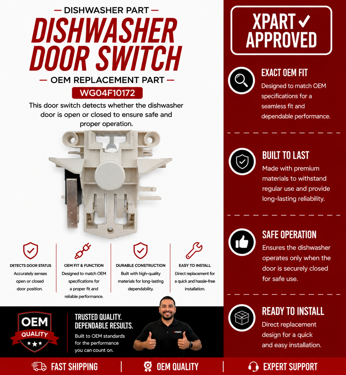 GE Dishwasher Door Switch WG04F10172 — Fixes Dishwasher That Won't Start or Latch