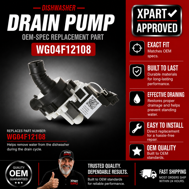 GE Dishwasher Drain Pump Kit WG04F12108 — Fixes Dishwasher Not Draining / Restores Water Removal — U.S. Cross-Reference WD19X25187