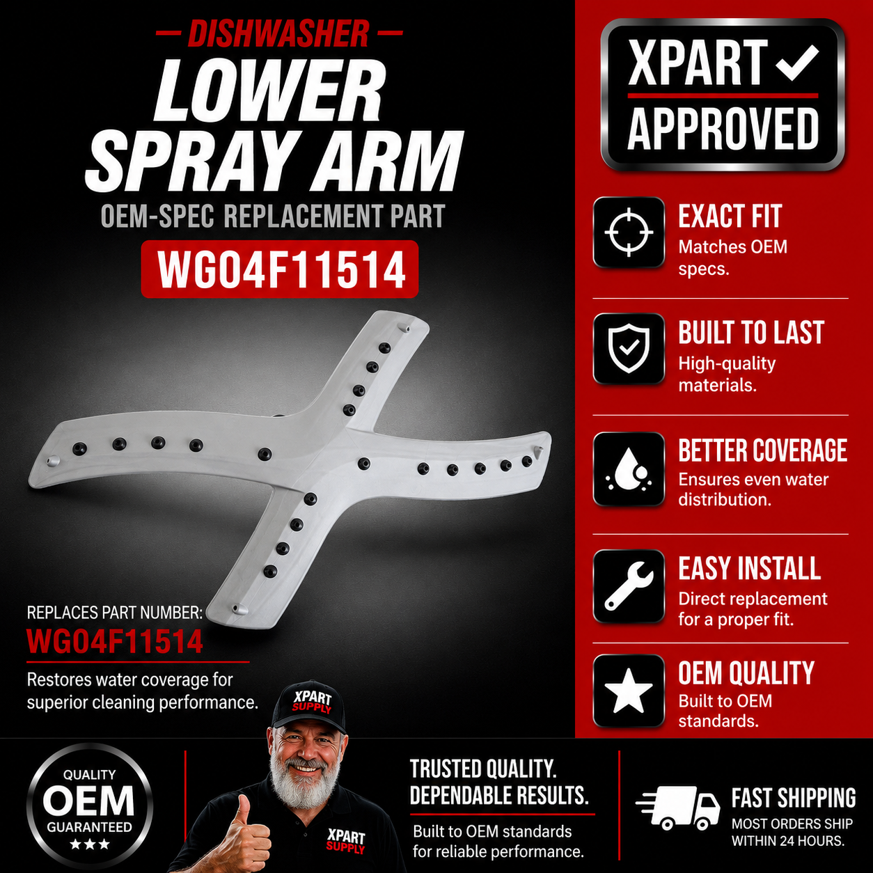 GE Dishwasher Lower Spray Arm WG04F11514 — Fixes Poor Lower-Rack Cleaning / Restores Water Distribution — U.S. Cross-Reference WD22X25281