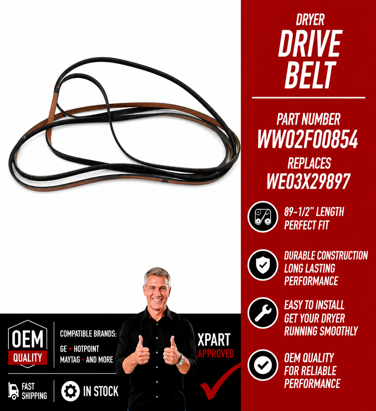 GE Dryer Drive Belt WW02F00854 89-1/2" – OEM & Premium XPart Options Available