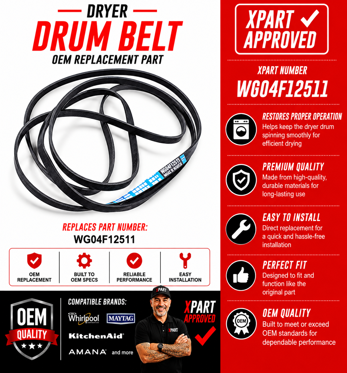 Dryer drum belt with Xpart approval details on a white and red background
