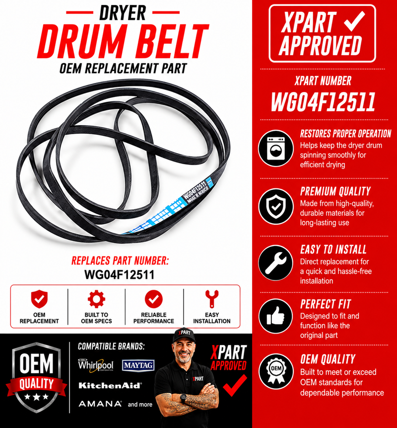 Dryer drum belt with Xpart approval details on a white and red background