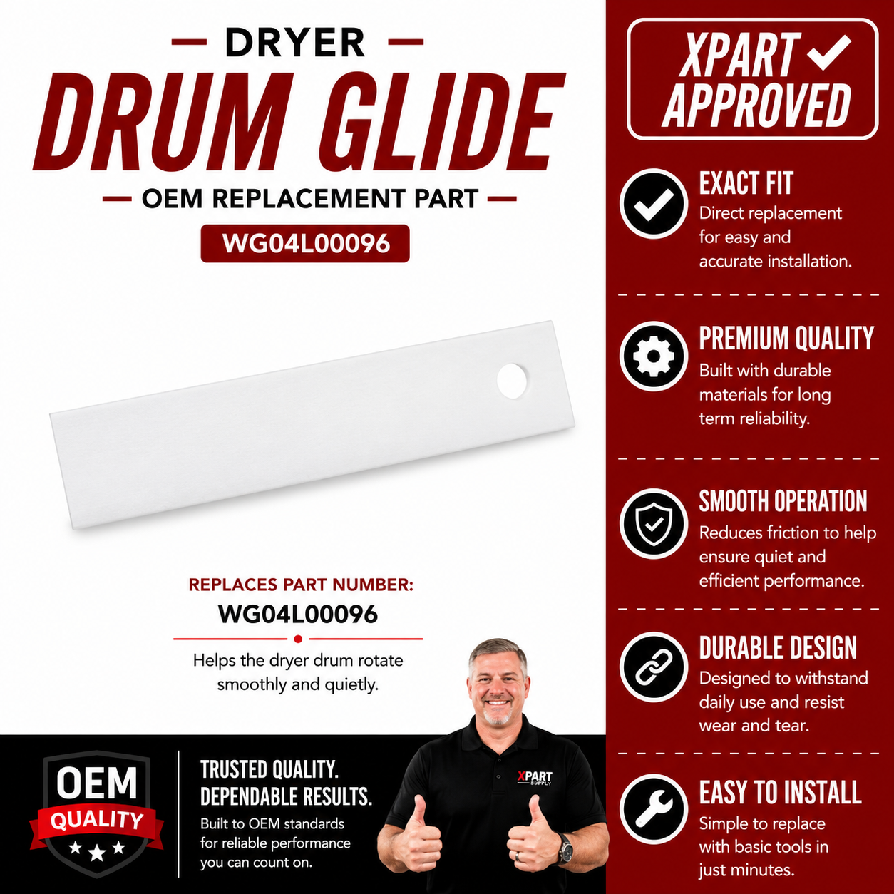 GE Dryer Drum Glide WG04L00096 – OEM & Premium XPart Options Available (Replaces WE1M504, WE03X37318)