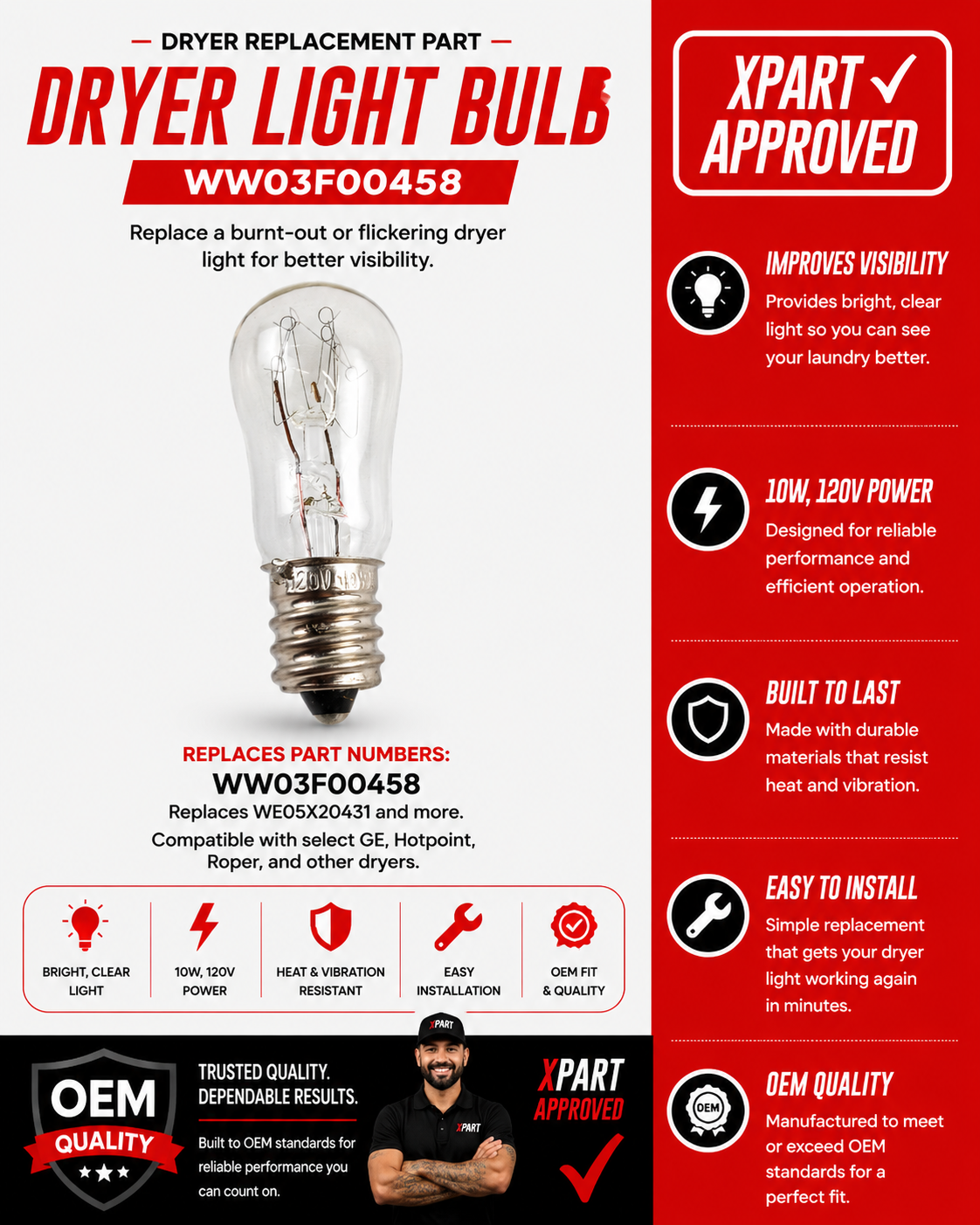 Dryer light bulb replacement part with features and benefits on a red and white background