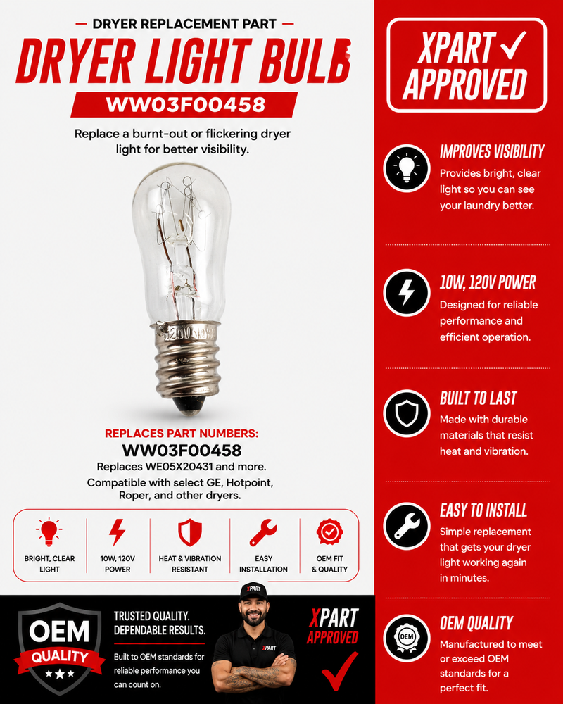 Dryer light bulb replacement part with features and benefits on a red and white background