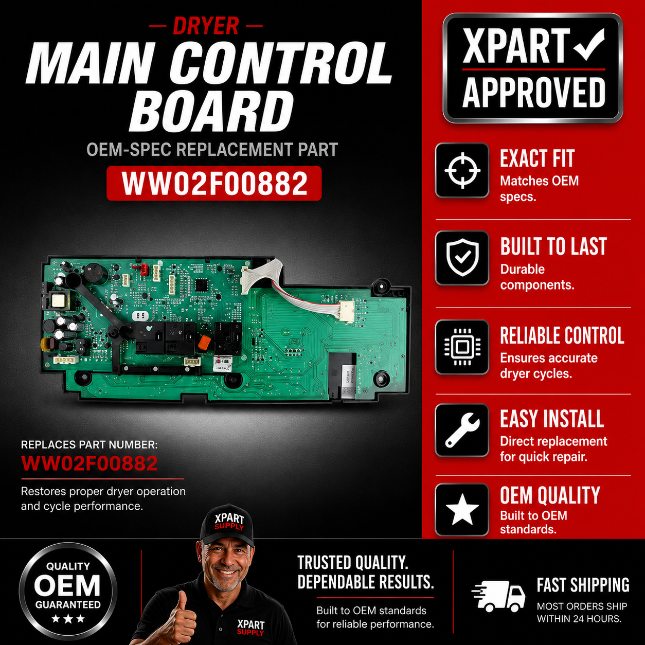 GE Dryer Main Control Board WW02F00882 — Fix No Heat, No Start & Control Failures