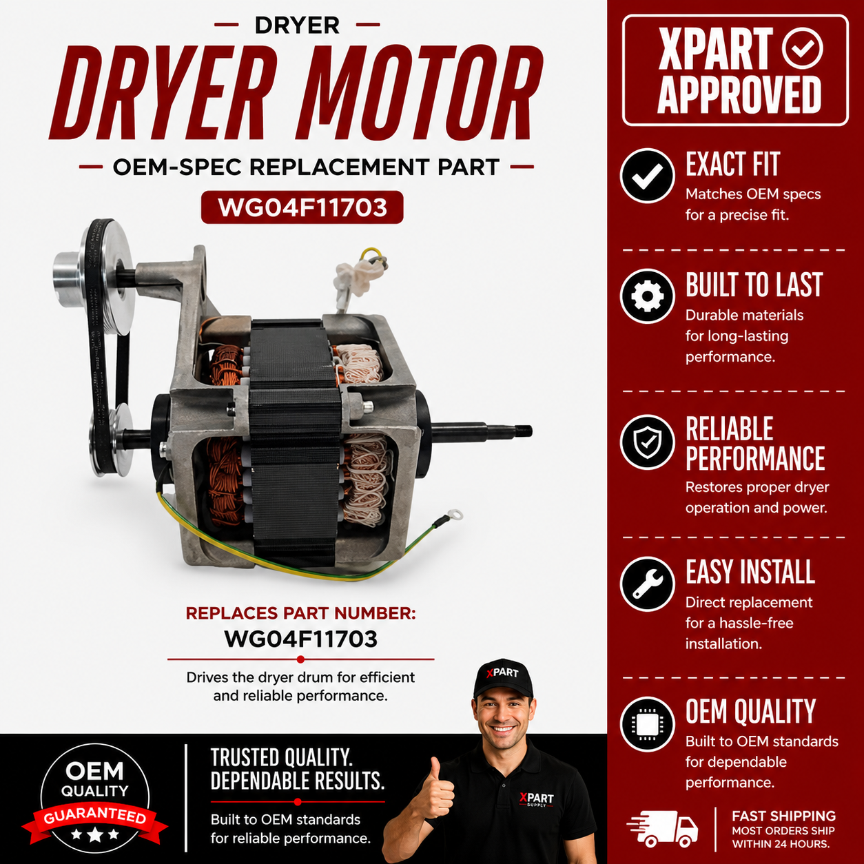 GE Dryer Motor WG04F11703 — Fixes Dryer That Won't Start or Run