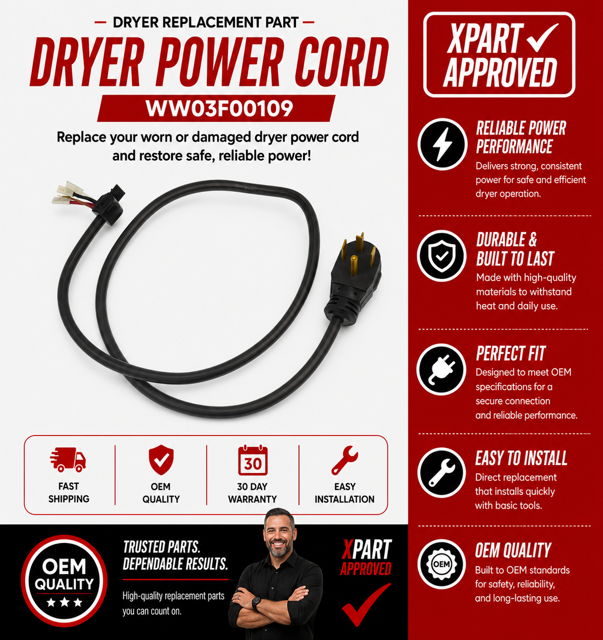 GE Dryer Power Cord WW03F00109 — Fix Dryer With No Power or Faulty Electrical Connection