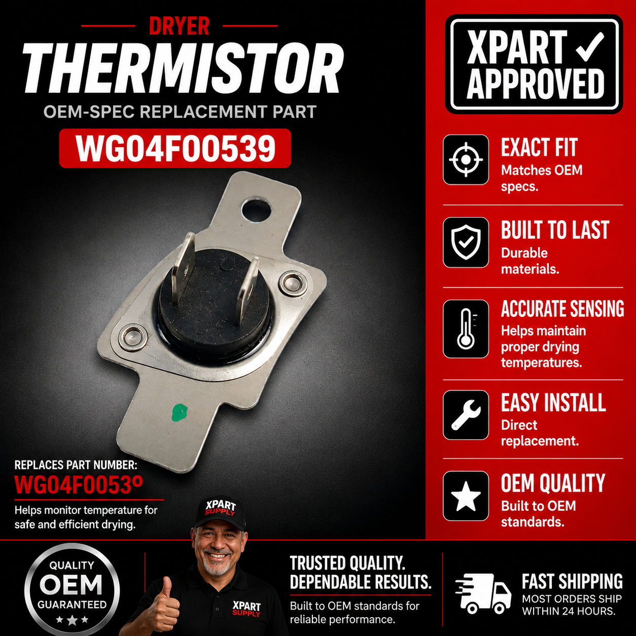 GE Dryer Thermistor WG04F00539 — Fixes Overheating, No Heat & Uneven Drying
