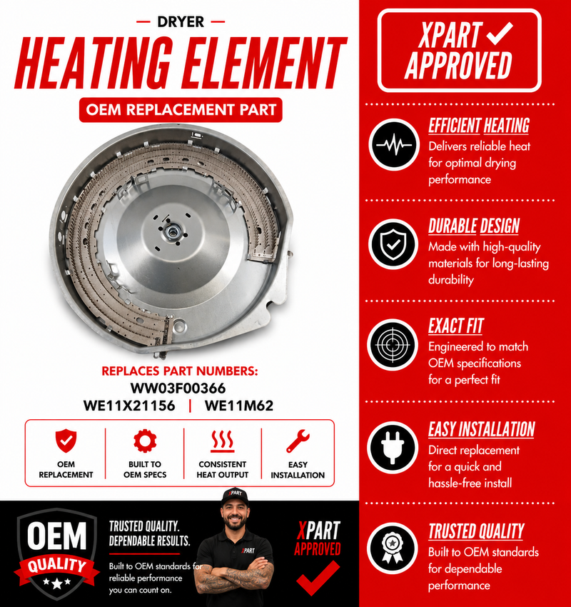 GE Heating Element Assembly WW03F00366 — Fixes Dryer Not Heating