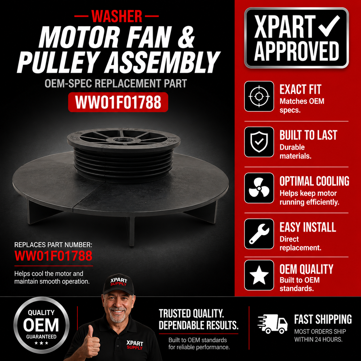 GE Motor Fan & Pulley Assembly WW01F01788 — Fix Washer Not Spinning
