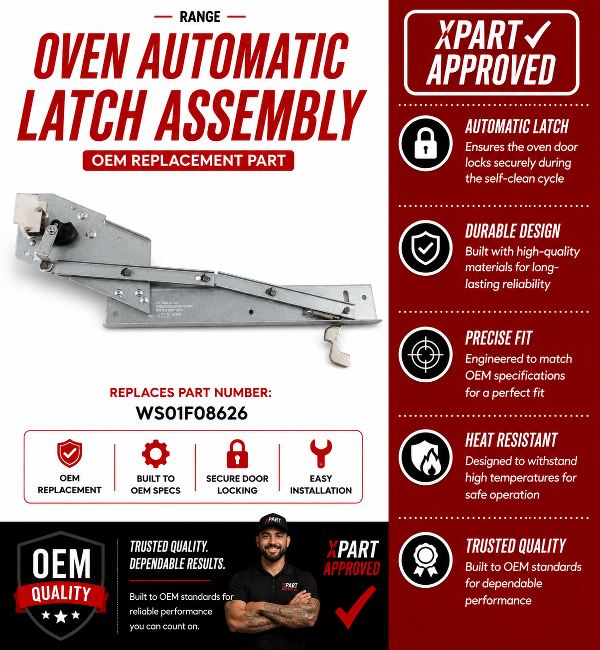 GE Oven Door Latch WS01F08626 — Fixes Oven Door Not Locking or Self-Clean Failing