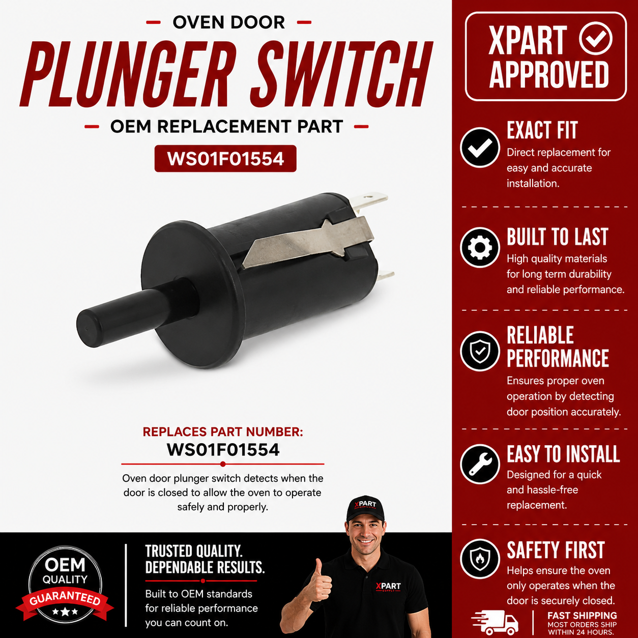 GE Oven Door Plunger Switch WS01F01554 — Fixes Oven Light / Door Interlock Failure