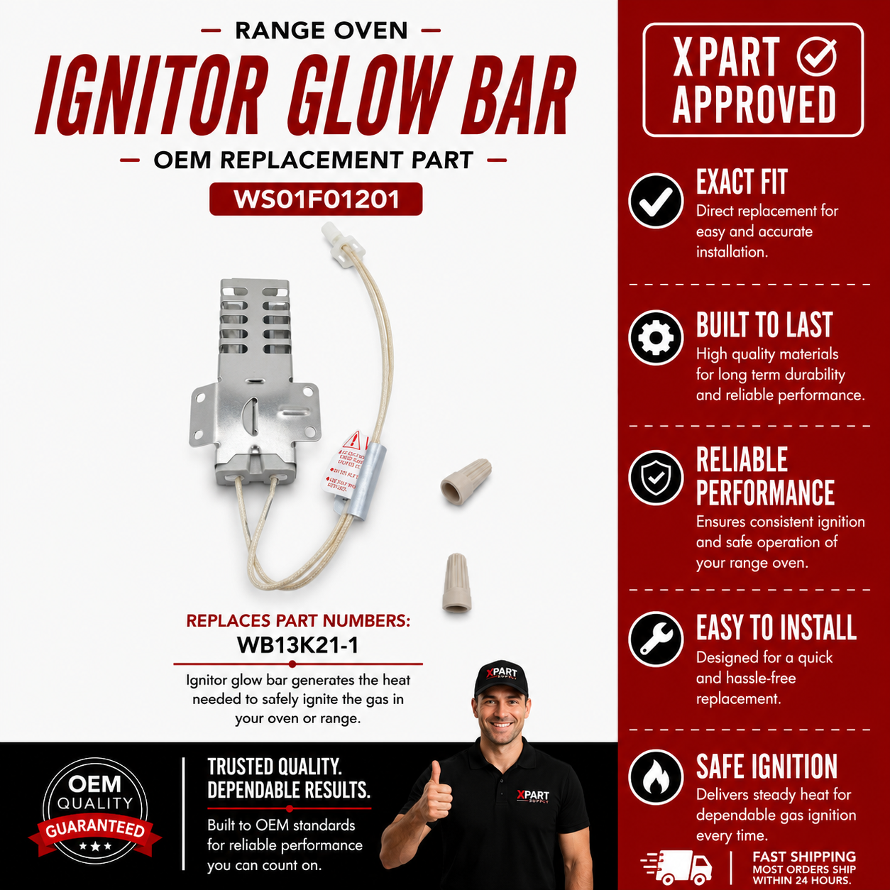GE Oven Ignitor Glow Bar WS01F01201 — Fix Gas Oven Not Lighting or Slow Ignition