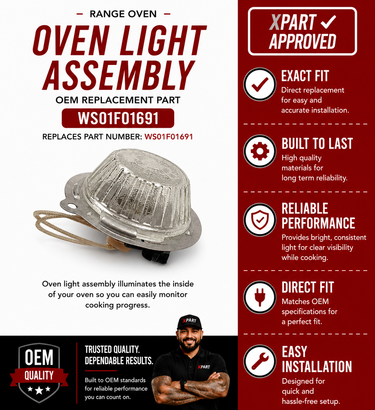 GE Oven Light Halogen Assembly WS01F01691 — Fix Dark Oven Interior