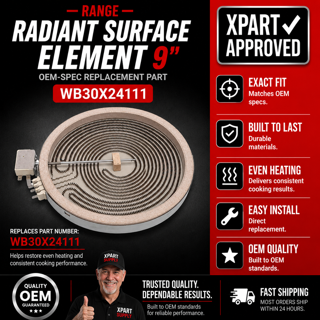 GE Radiant Surface Element WB30X24111 — Fixes Dead or Uneven 9" Burner (Superseded by WG02F10992)