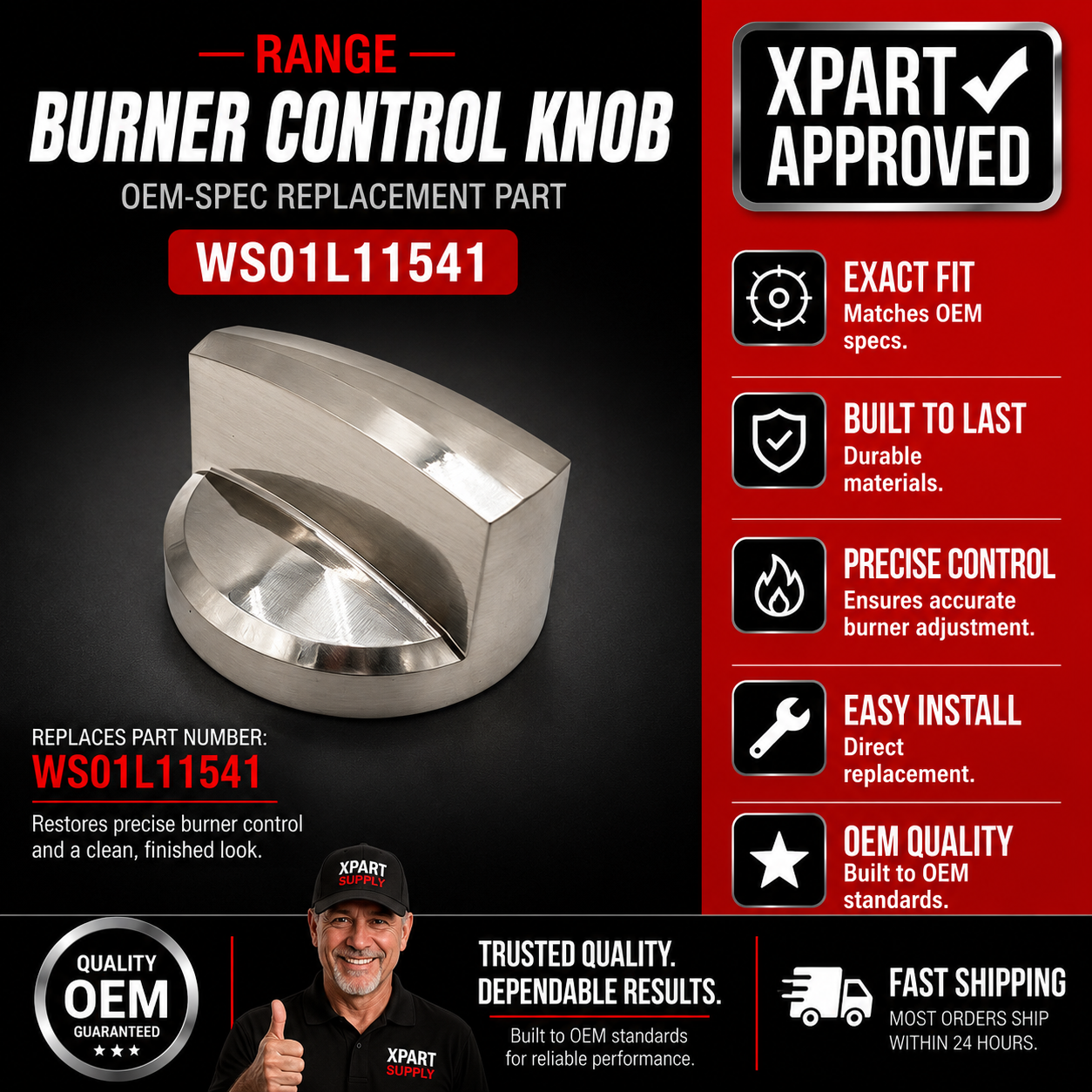 GE Range Burner Control Knob WS01L11541 — Fix Loose, Cracked or Missing Stainless Knob