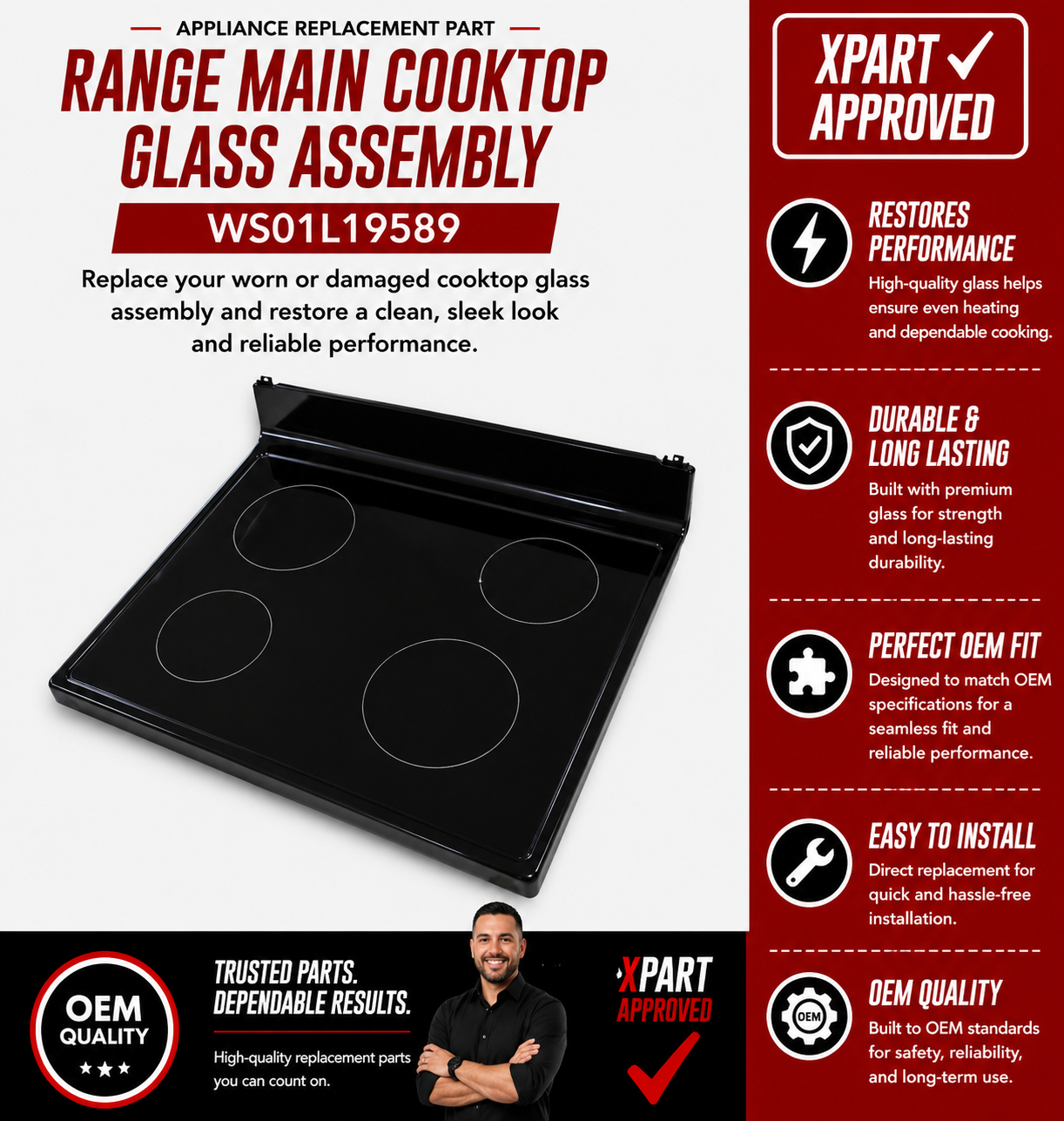 GE Range Cooktop Glass Assembly WS01L19589 — Fixes Cracked or Shattered Cooktop