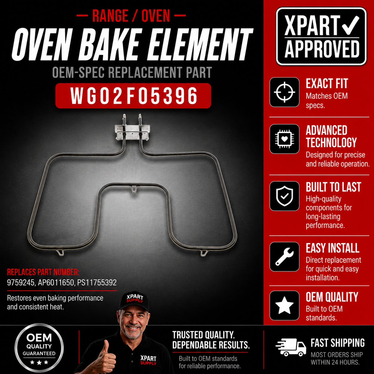 GE Range Oven Bake Element WG02F05396, Replaces WB44M169, WB44M165, WB44M165-1, WB44M164-1