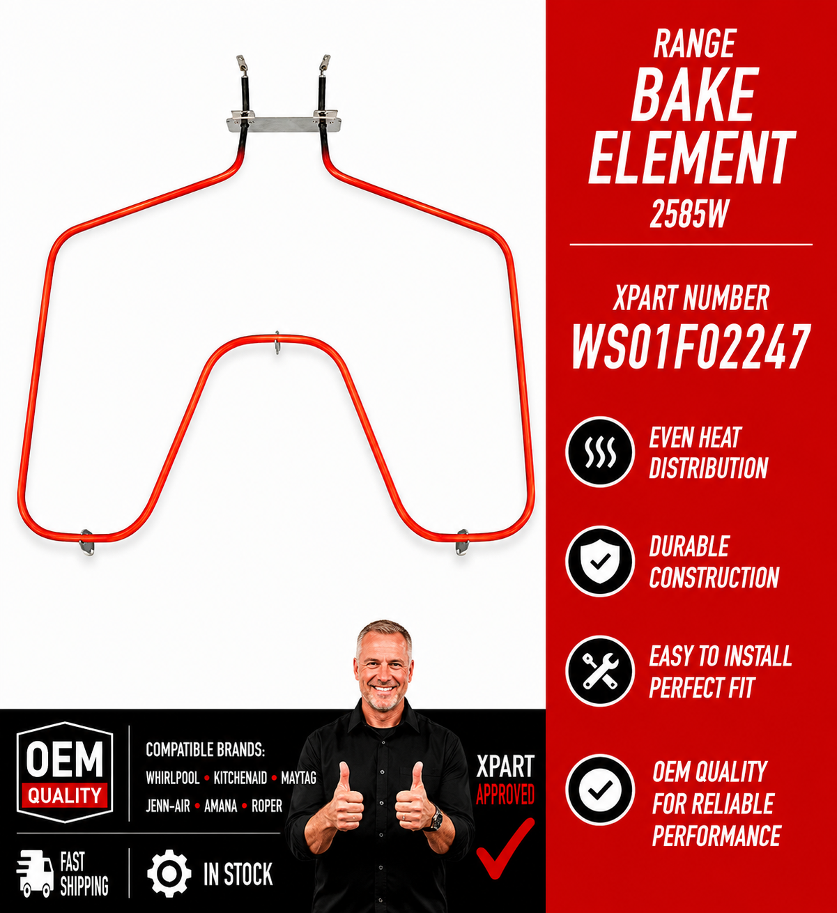 GE Range Oven Bake Element WS01F02247 (Replaces WB44K10005, WG02F05400)