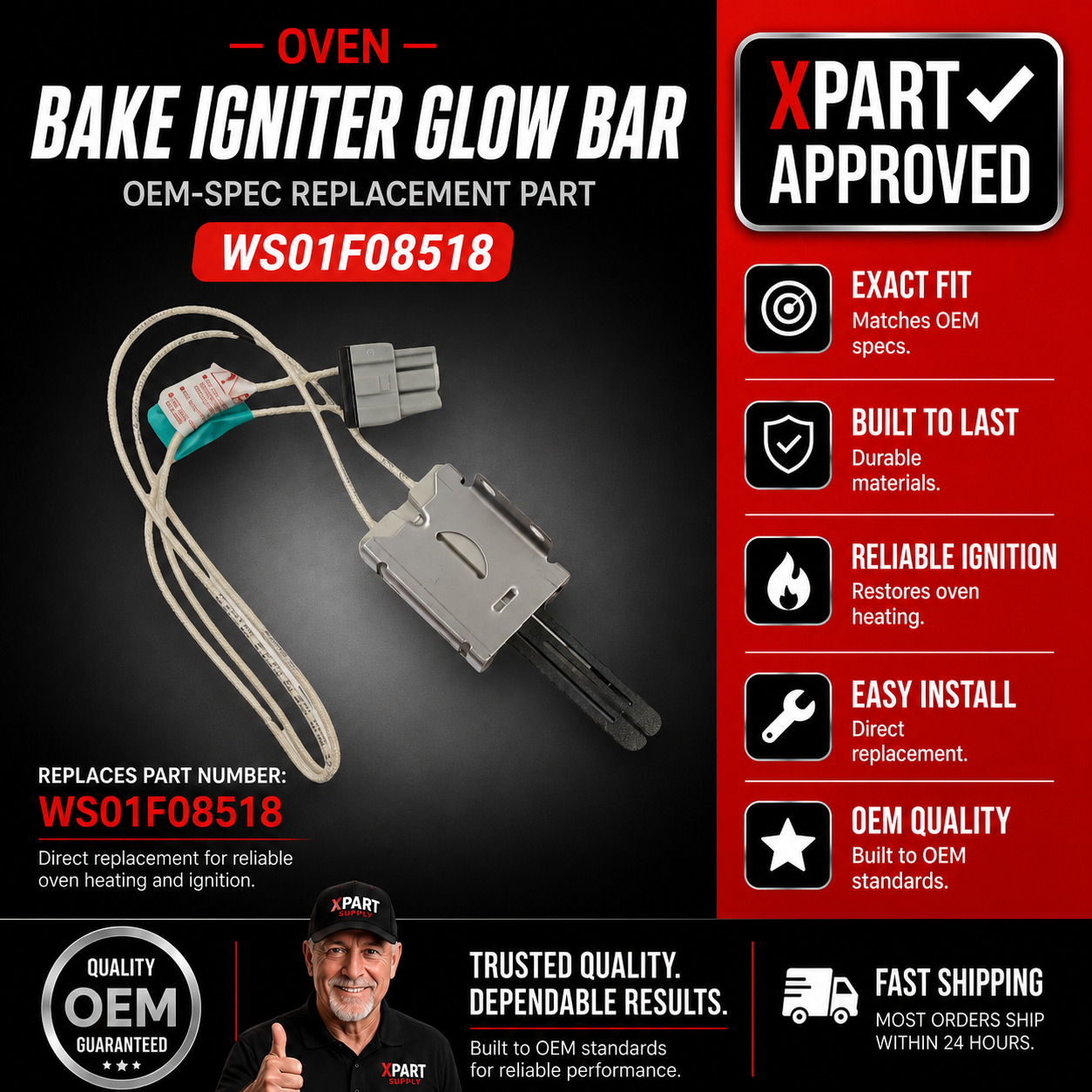 GE Range Oven Bake Igniter WS01F08518, U.S. Cross-Reference WB28X28781