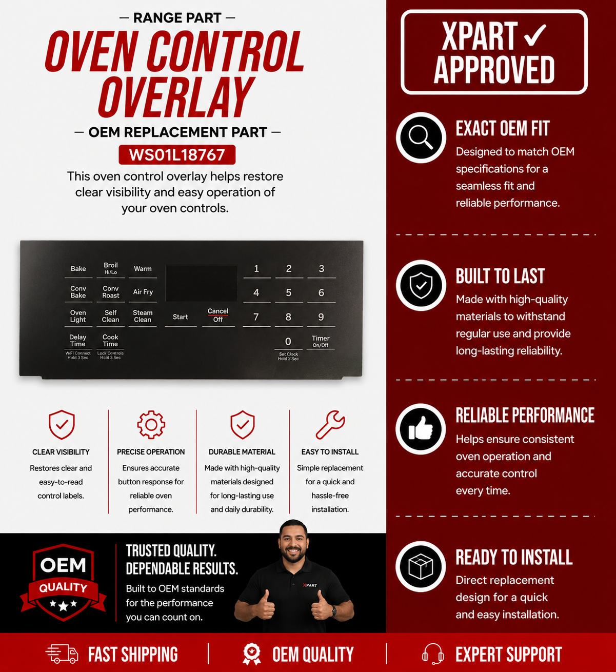 GE Range Oven Control Overlay WS01L18767 — Faded, Cracked, or Unreadable Control Panel