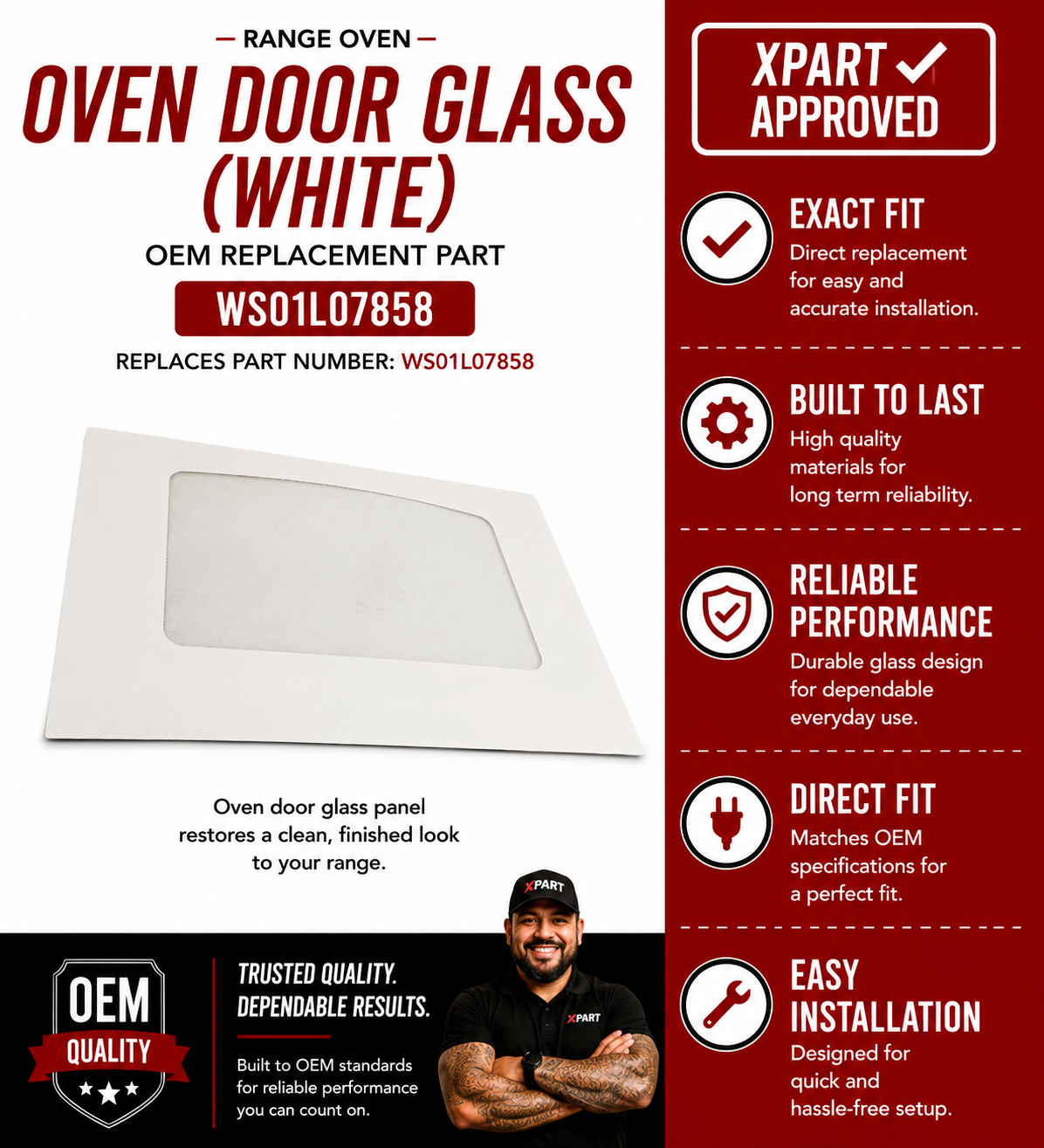GE Range Oven Glass Door WS01L07858 — Replace Cracked or Broken Oven Door Glass