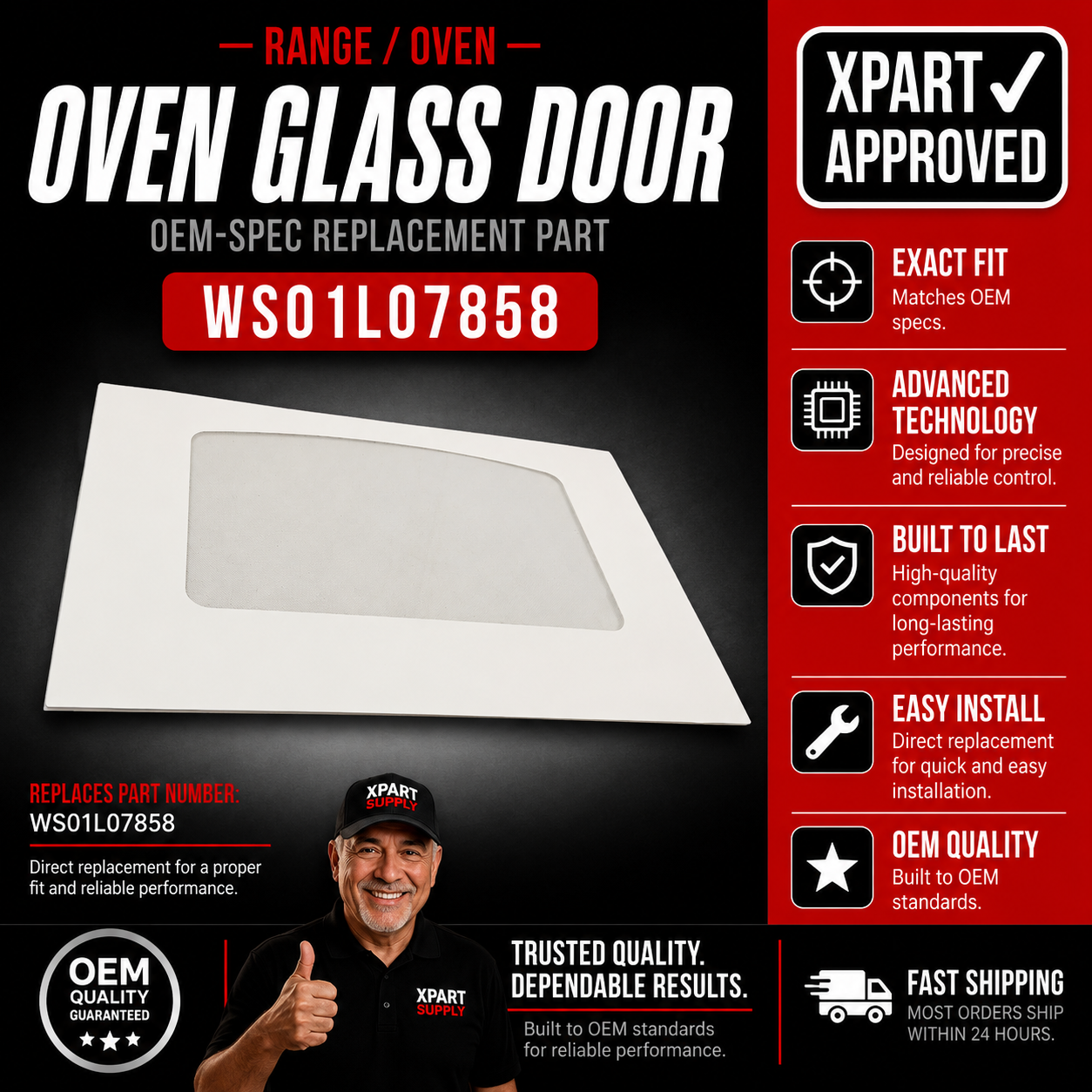 GE Range Oven Glass Door WS01L07858, Replaces 222D1179P001