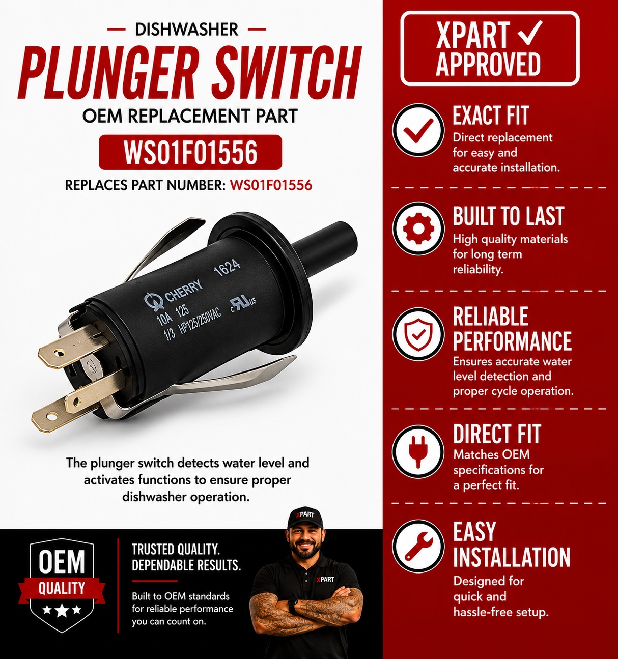 GE Range Plunger Switch WS01F01556 — Fixes Burner Not Clicking or Igniting