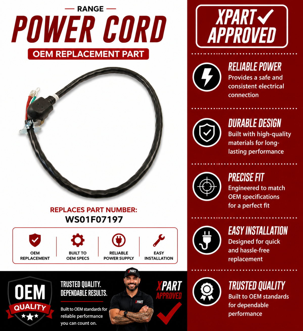 GE Range Power Cord WS01F07197 — Fixes No Power to Range