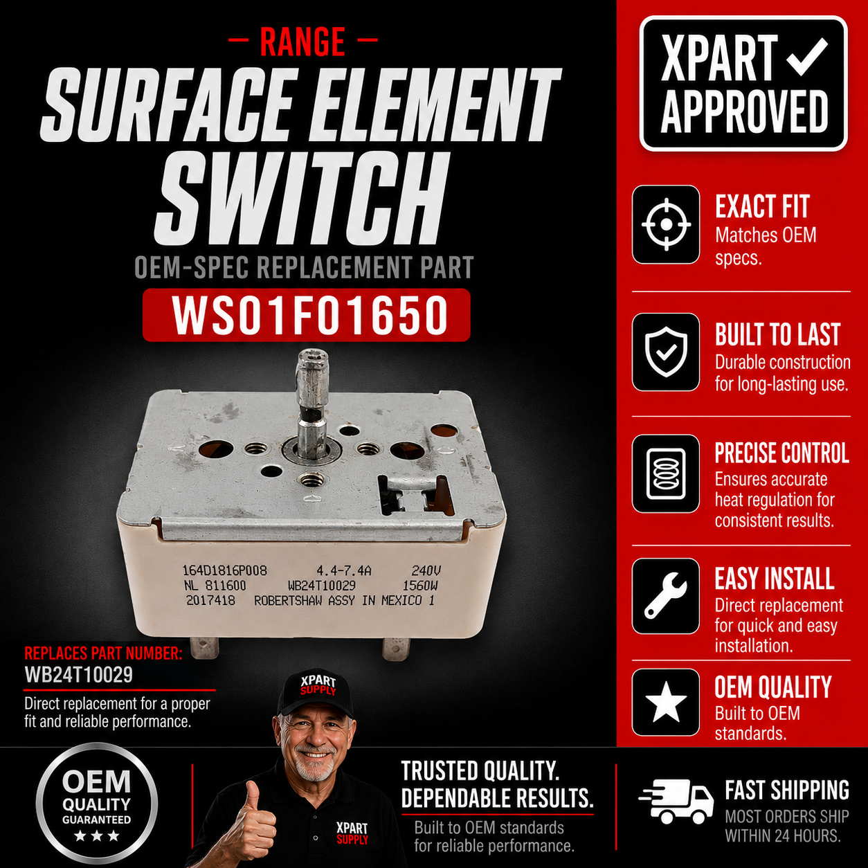 GE Range Surface Element Switch WS01F01650, Fixes Burner Not Heating or Stuck on High