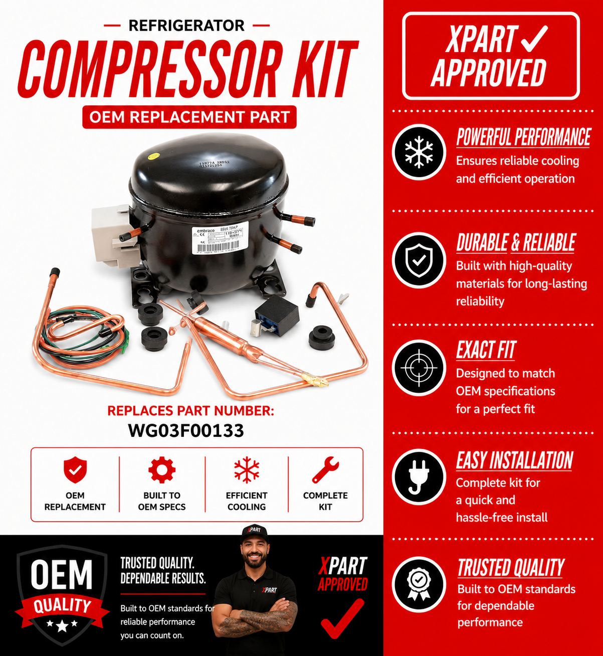 GE Refrigerator Compressor Kit WG03F00133 — Fixes No Cooling & Warm Fridge