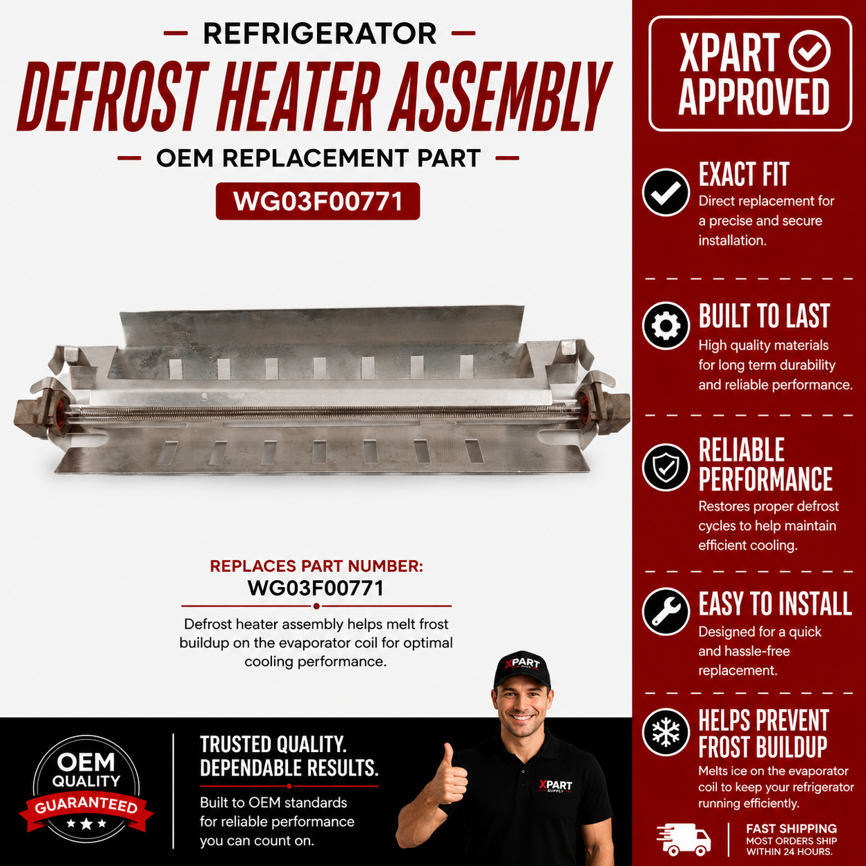 GE Defrost Heater Assembly WG03F00771 — Fixes Frost Buildup & Cooling Failure