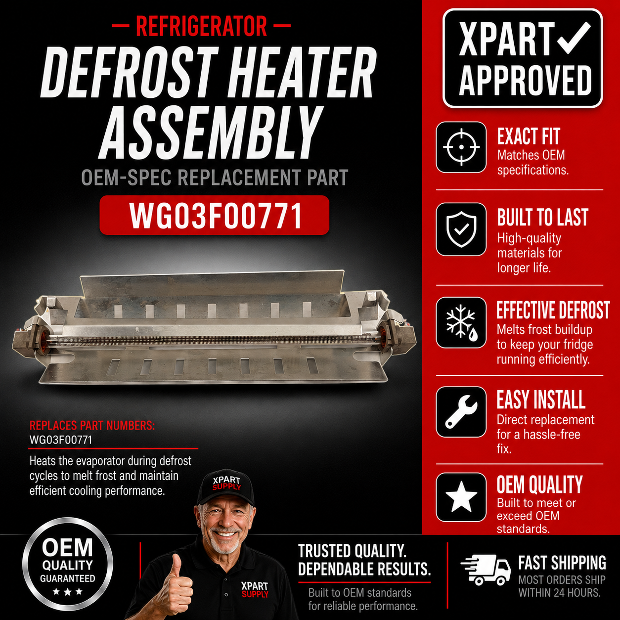 GE Refrigerator Defrost Heater Assembly WG03F00771, U.S. Cross-Reference WR51X10055