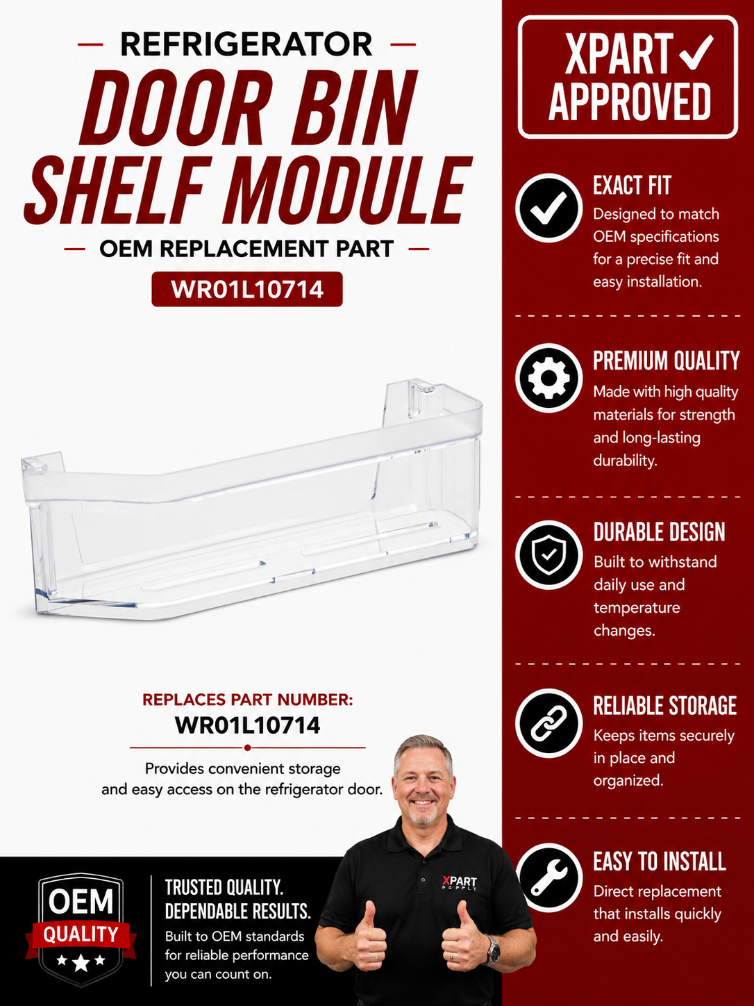 GE Refrigerator Door Bin Shelf Module WR01L10714 (Replaces 225D8401P001)