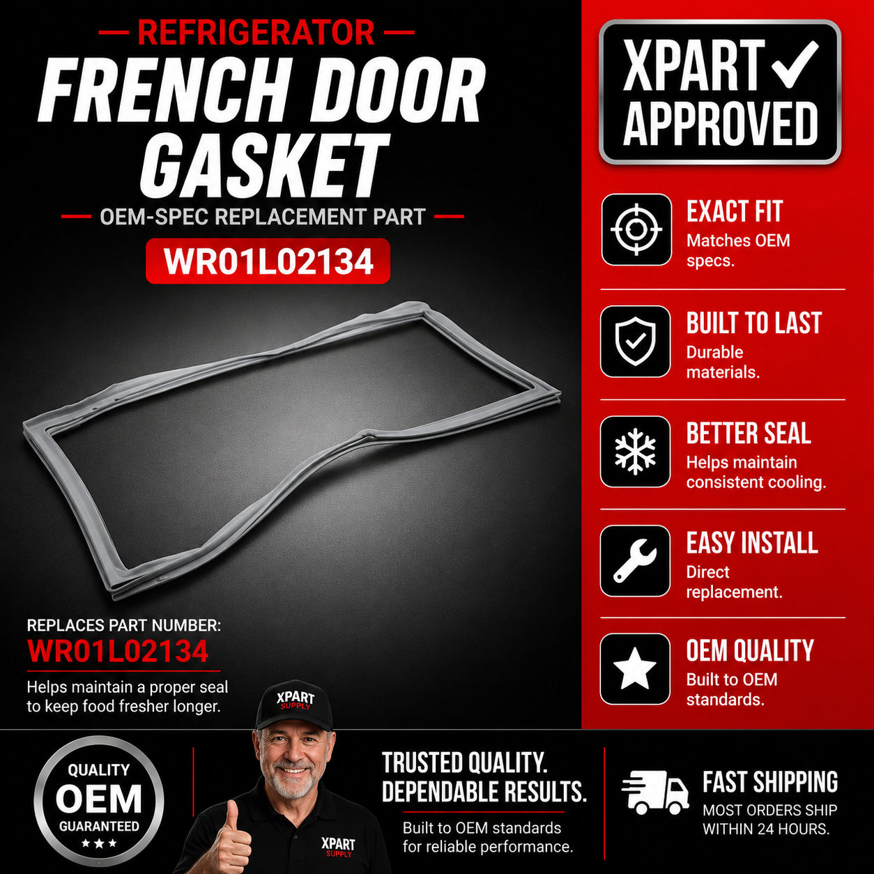 GE Refrigerator French Door Gasket WR01L02134 — Fixes Warm Fridge, Air Leaks & Frost Buildup