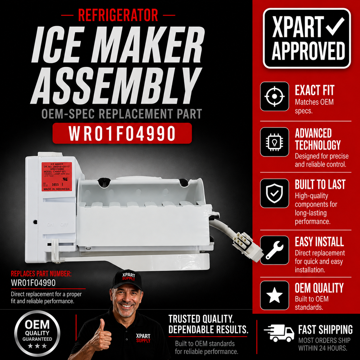 GE Refrigerator Ice Maker Assembly WR01F04990, U.S. Cross-Reference WR30X39266