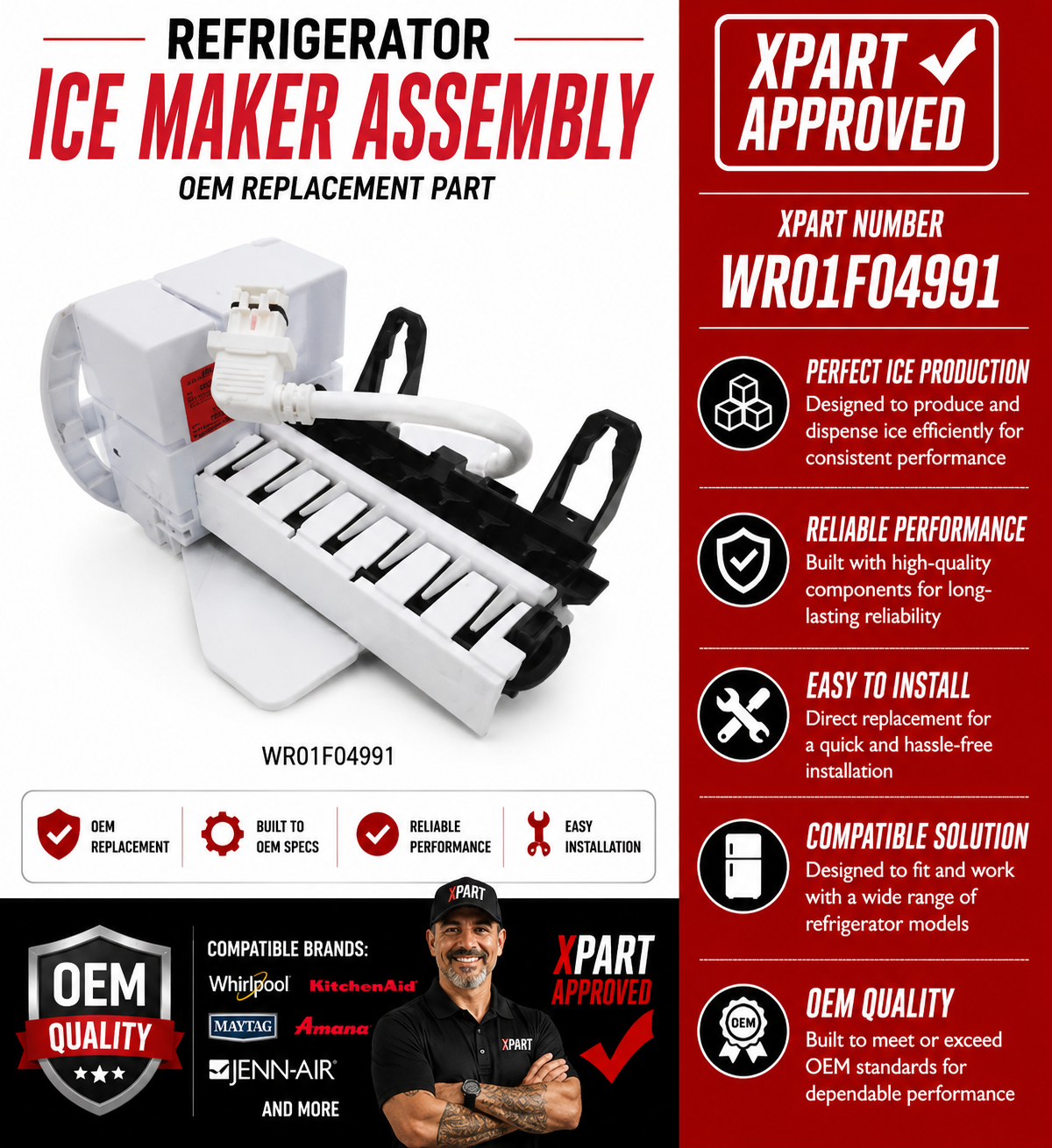 Refrigerator ice maker assembly with Xpart approval details on a white background