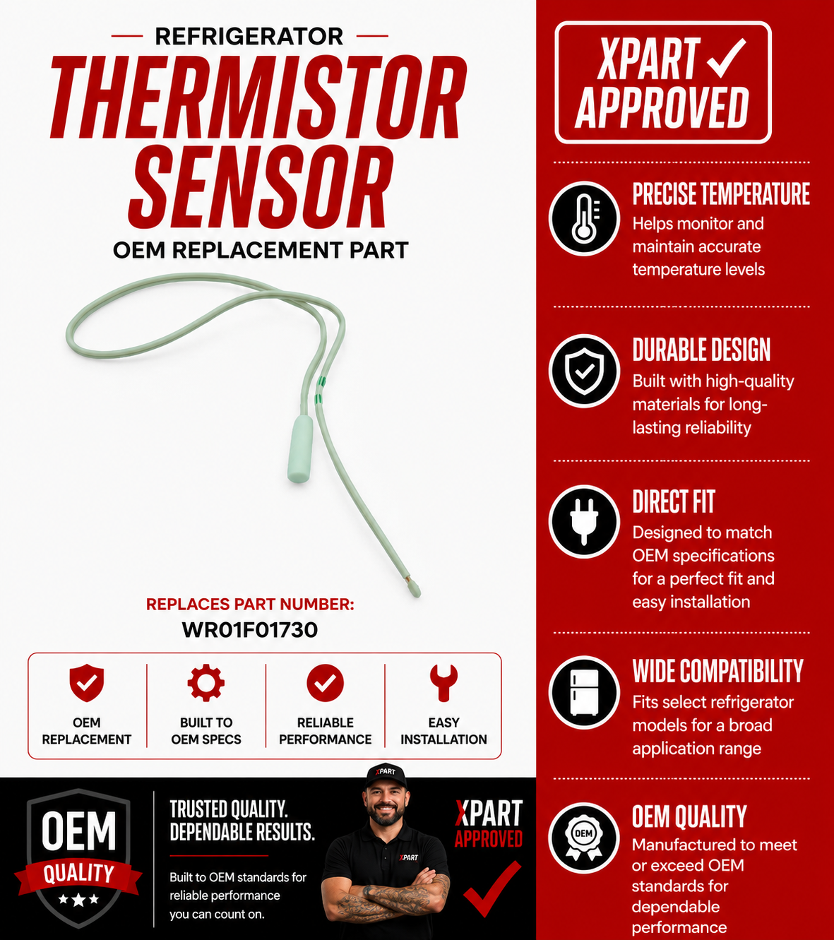 GE Refrigerator Temperature Thermistor Sensor WR01F01730 – OEM & Premium XPart Options Available