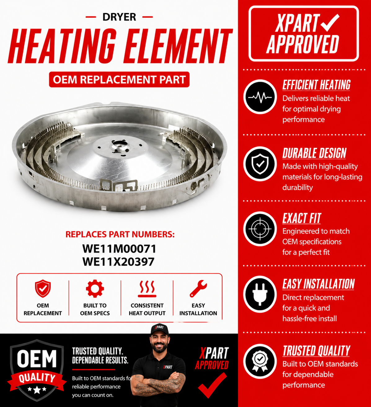 GE WE11M00071 Mica Heating Element — Fixes Dryer Not Heating