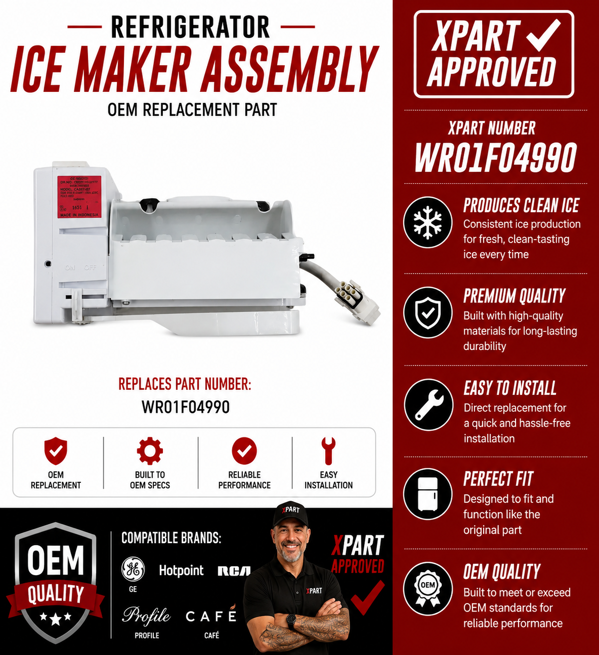 Refrigerator ice maker assembly with Xpart approval details on a white background