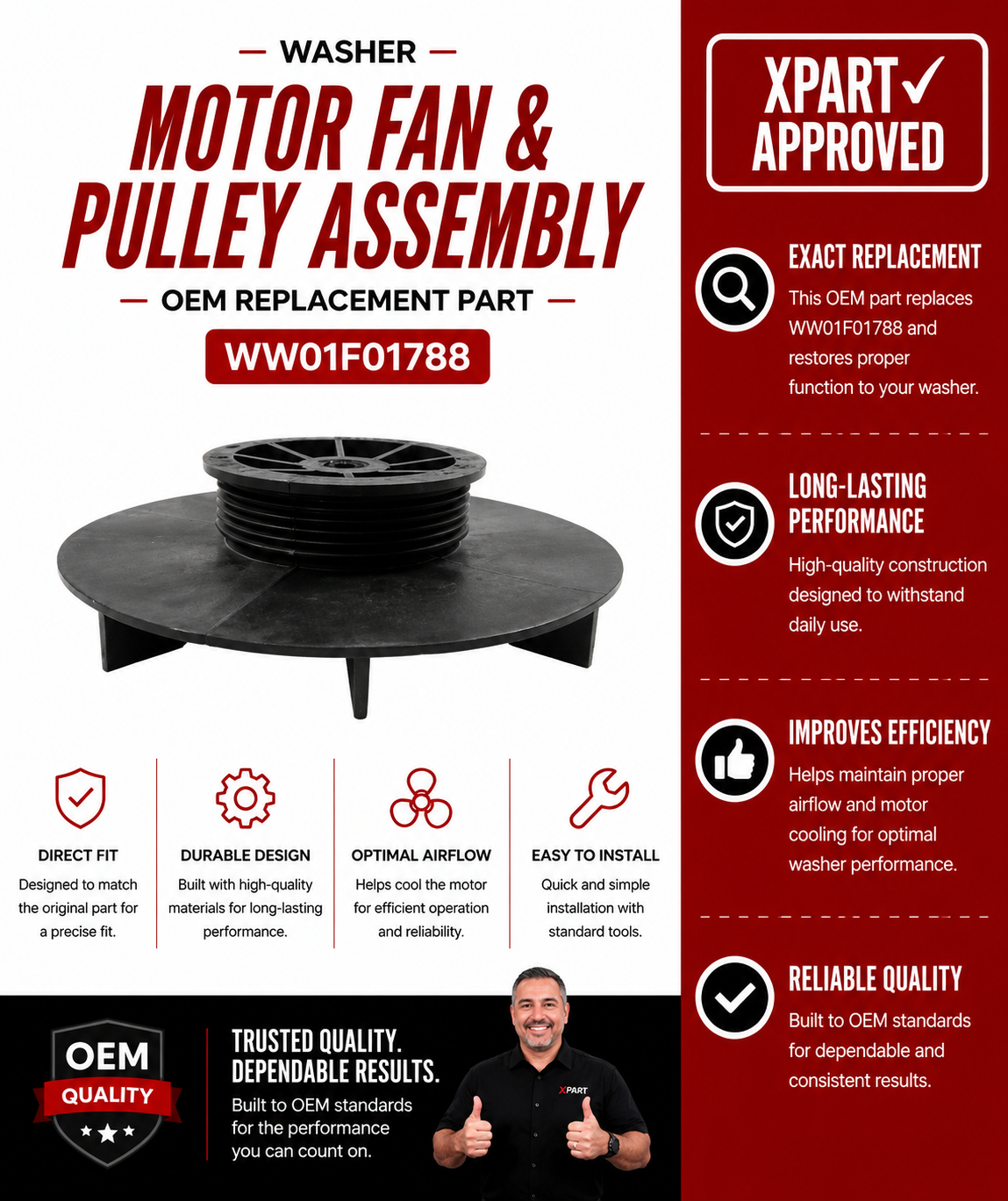 GE Motor Fan & Pulley Assembly WW01F01788 — Fix Washer Not Spinning
